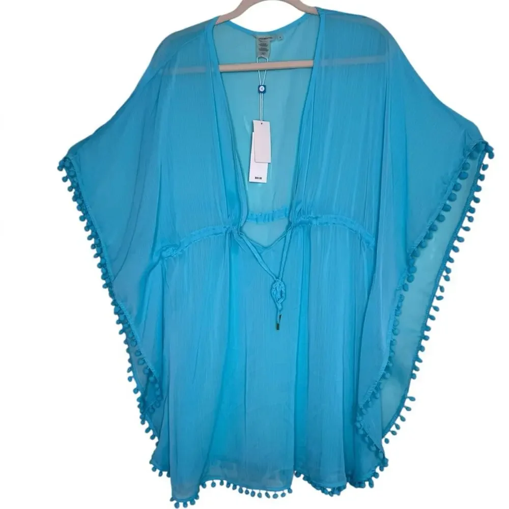 Bleu Pompons Sheer Rod Beattie Womens Mesh Swimsuit Cover-Up Kaftan Size Large